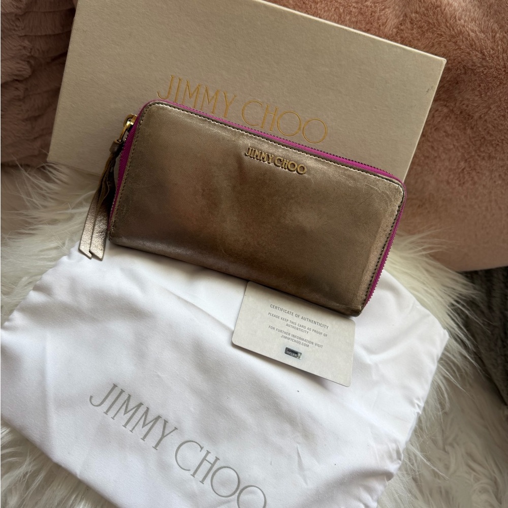 Jimmy Choo Metallic Gold Leather Zip Wallet with Pink Trim
